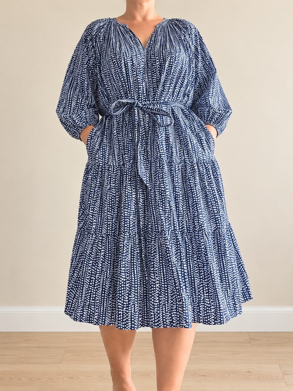 Terra & Sky Navy and White Dot Print V-Neck Tiered Midi Dress